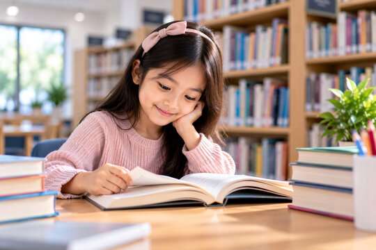 Young Girl Reading Book in Library with Bookshelves in Background