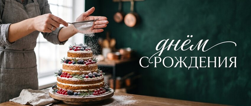 Baker dusting birthday cake sugar onto naked berry cake in rustic kitchen setting with Russian Happy Birthday text banner for celebration greeting card background design template concept.