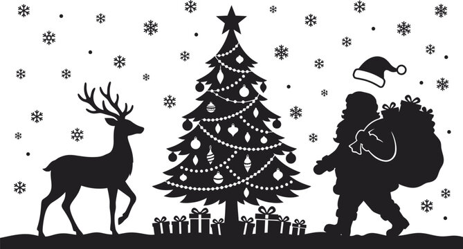 Black and white silhouette illustration featuring santa claus with a gift sack a reindeer and a decorated christmas tree