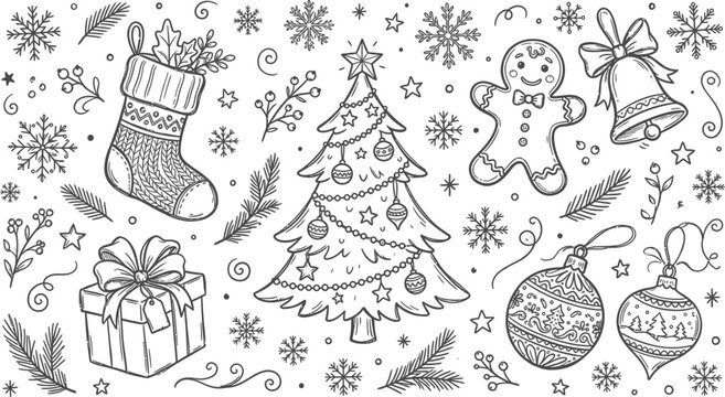 Hand drawn black and white doodle collection featuring christmas trees stockings gifts and festive holiday season decorative elements