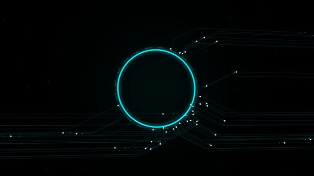 Glowing cyan circle with digital lines and light dots on a dark background representing futuristic network connectivity and abstract data flow technology concept 4k Motion Video