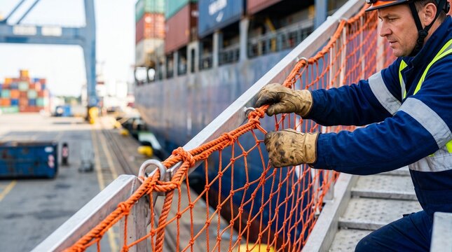 Ship gangway netting, Dock worker securing safety net on container ship at port terminal  