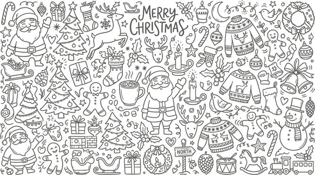 Hand drawn doodle pattern featuring various christmas themed elements and symbols with merry christmas text in the center