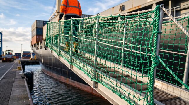 Ship gangway netting, Cargo ship boarding ramp with safety net at industrial port  