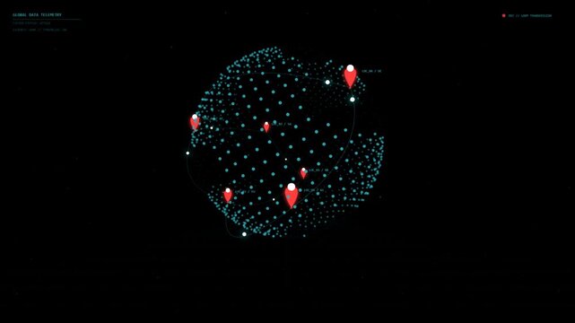 Abstract digital globe with glowing blue dots and red location pins on a dark background representing global network connectivity and data communication technology 4k Motion Video