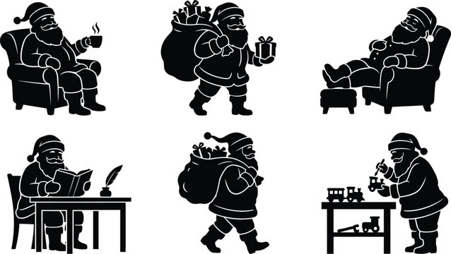 A collection of black silhouette illustrations showing santa claus in various daily activities during the christmas holiday season
