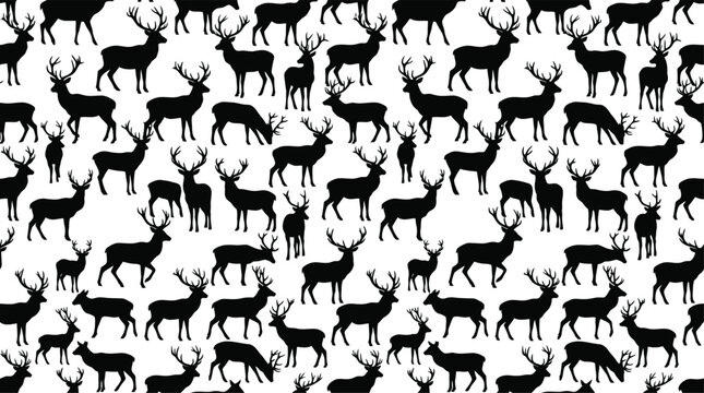 Seamless pattern with black silhouettes of deer on a white background for winter holiday wrapping paper design