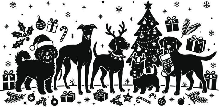 A festive black and white illustration of various dog breeds celebrating around a decorated christmas tree together