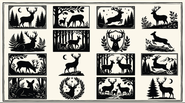 Collection of vintage style black and white deer illustrations featuring forest scenes and decorative stag head silhouettes
