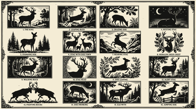Vintage collection of black and white woodcut style illustrations featuring various deer and forest wildlife in nature settings
