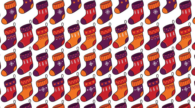 Seamless pattern of colorful christmas stockings on a white background for festive holiday wrapping paper and textile design