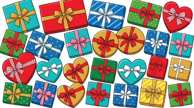 Top view of many colorful wrapped gift boxes with ribbons and bows isolated on a white background