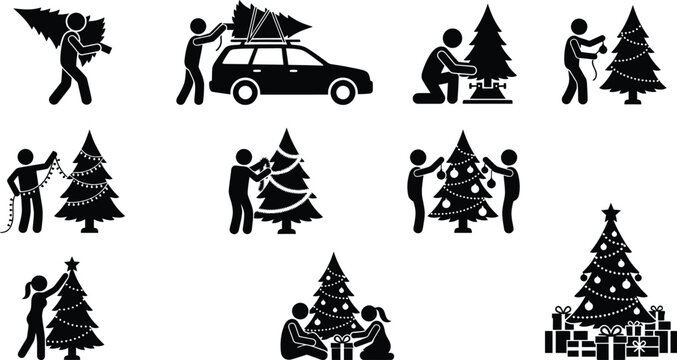 Set of black silhouette icons depicting people preparing for christmas by decorating trees and exchanging holiday gifts together
