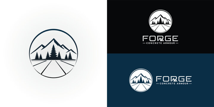 The circular logo features mountain peaks, a dense pine forest, and a road leading towards them. The minimalist black-and-white design represents reliability and durability for floor coatings.