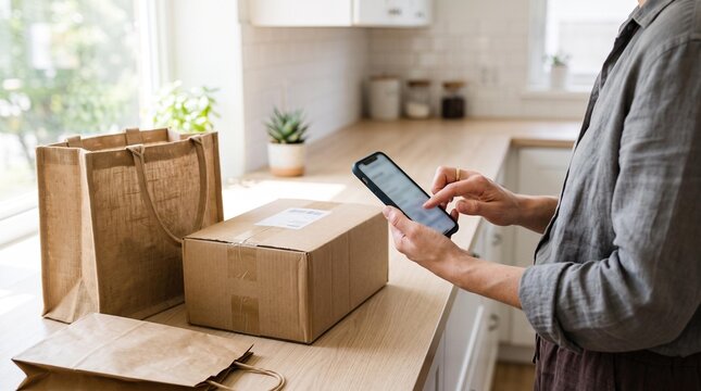 Person using a smartphone to track a delivery package in a home kitchen.