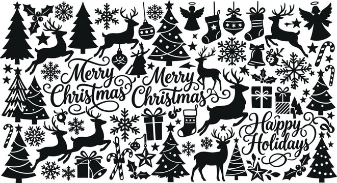 Collection of black christmas silhouettes featuring reindeer trees snowflakes gifts and festive holiday greetings on white background