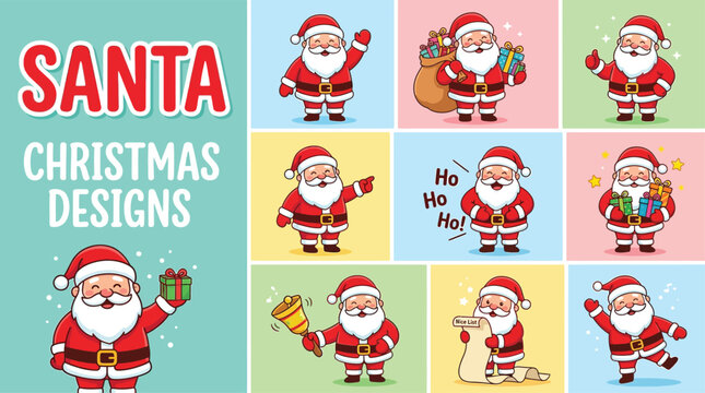 Set of cute santa claus character illustrations for christmas holiday designs featuring various poses and festive activities