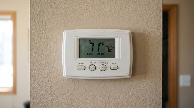 A close up shot of a white digital smart thermostat mounted on a textured beige wall displaying a temperature of 71 degrees Fahrenheit indoors with soft ambient daylight