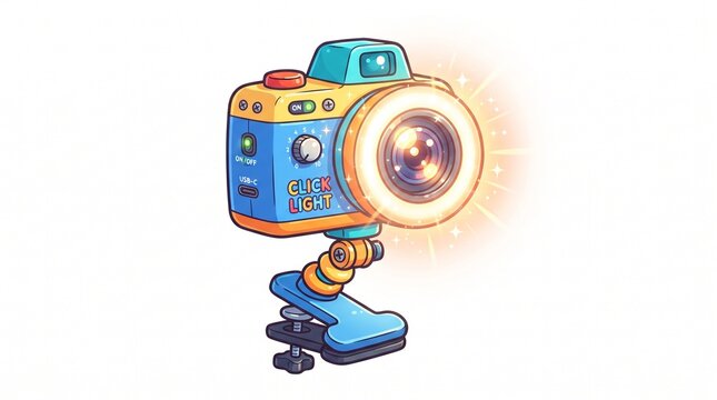 Cartoon style illustration of a cute portable camera with a builtin ring light, featuring a flexible neck and a clamp mount for easy attachment, isolated on white background