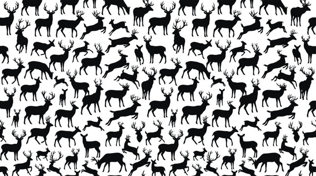 Seamless pattern with black silhouettes of deer on a white background for winter holiday wrapping paper design