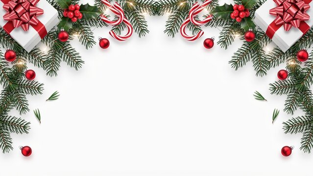 Christmas border with pine branches and gift boxes. Festive holiday background with red ornaments and candy canes. Winter celebration frame.