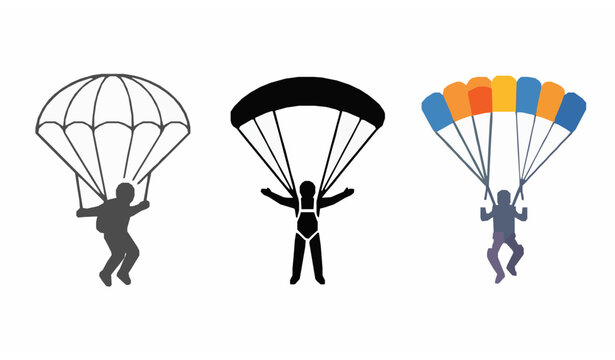 Set of three different parachute icons showing skydivers in various styles including outline silhouette and colorful flat design