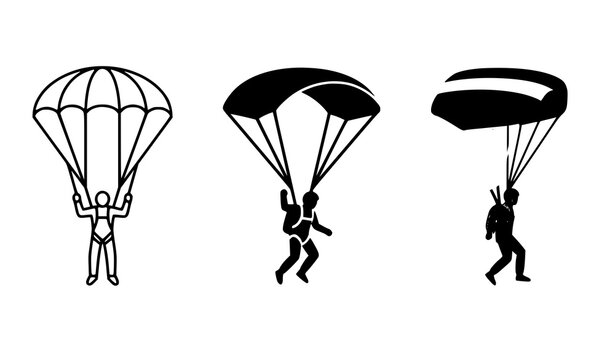 Set of three black and white parachute icons showing skydivers in different flight positions isolated on white background