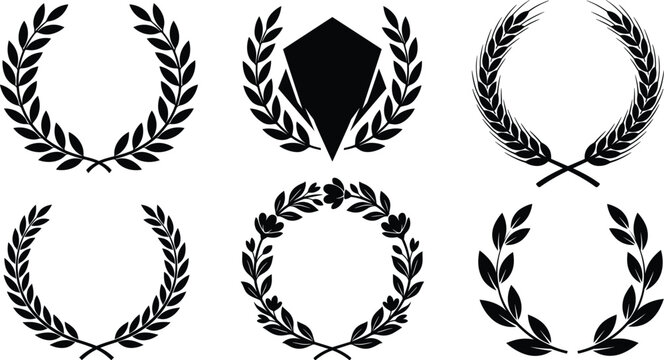 Laurel wreath black silhouette vector collection featuring award olive branch wheat and floral frames for graphic design