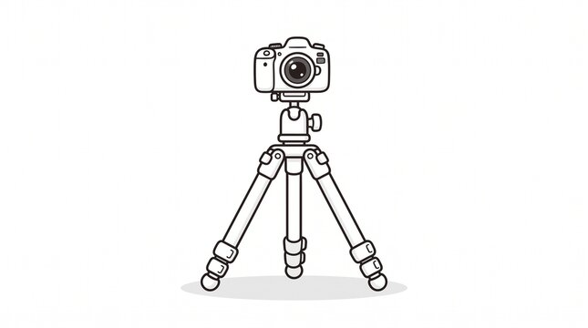 Professional digital camera mounted on a sturdy tripod, a minimalist vector illustration depicting photography equipment for capturing highquality images, isolated on white background