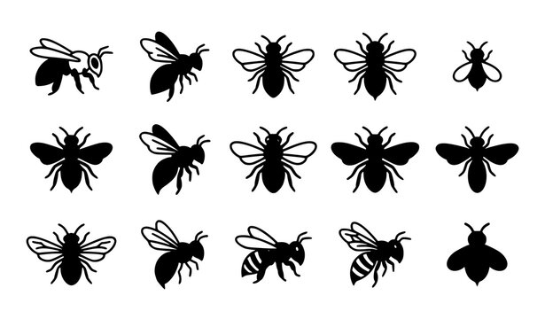Set of various black bee silhouettes and insect icons isolated on a white background for design projects