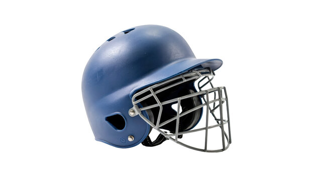Professional navy blue baseball batting helmet featuring a heavy duty protective metal face cage guard for head safety in competitive sports isolated on transparent background