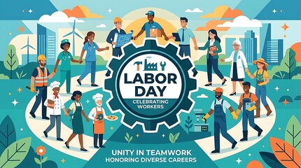 Naklejka premium Diverse workers forming a circle around a gear symbol with Labor Day text, modern flat vector banner celebrating teamwork and the workforce