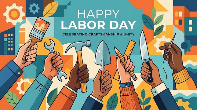 Diverse hands holding different work tools, minimal Happy Labor Day text, modern flat vector illustration