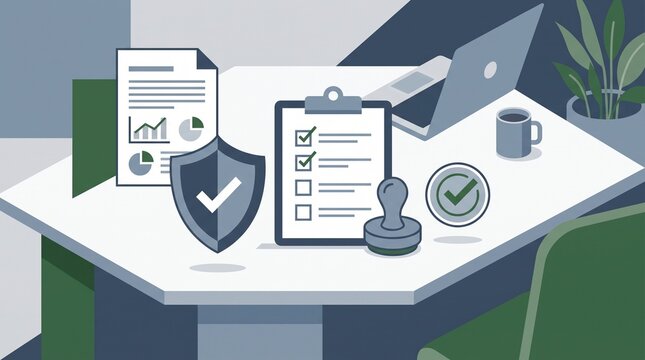 Business office desk with document checklist shield icon and rubber stamp representing regulatory compliance with flat illustration workspace with workspace featuring, professional