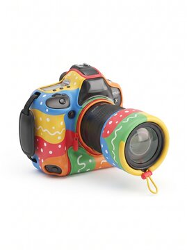 Professional dslr camera with a colorful, patterned protective silicone skin cover, isolated on white background