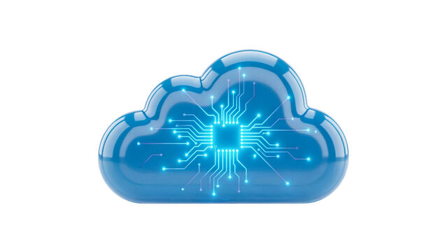 Glossy blue cloud icon featuring glowing circuit board patterns representing modern digital technology storage and high speed data networking services illustrated isolated on transparent background