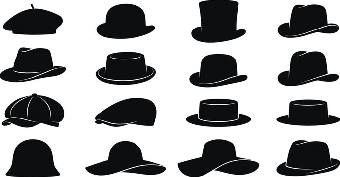 Classic men and women hat black silhouette vector set featuring fedora bowler top hat and beret icons