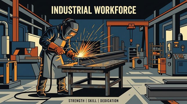 Welder wearing protective gear, minimal text, bold flat vector artwork, industrial workforce theme