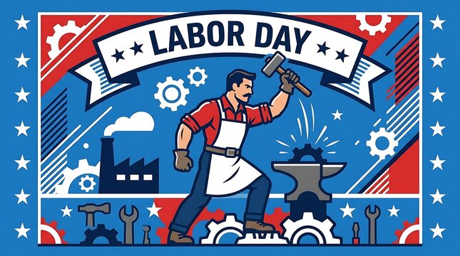 Worker holding a raised hammer, minimal Labor Day text, flat vector illustration