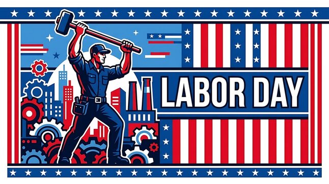 Worker holding a raised hammer with Labor Day text, bold flat vector illustration celebrating skilled labor and hardworking professionals