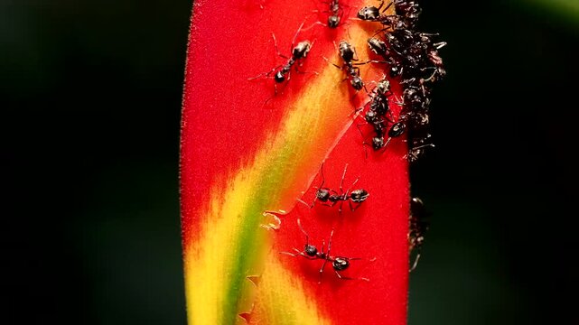 A close-up of ants interacting with aphids on a plant, highlighting the symbiotic relationship