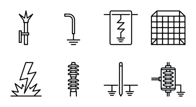 Electrical Grounding Symbols, Lightning Protection Icons, Safety Equipment Vector Set