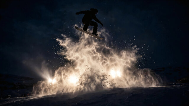 Snowboarder Performing Aerial Trick at Night