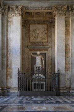 Ancient statue of the Roman Emperor Constantine I, located in the entrance portico of the Archbasilica of Saint John Lateran in Rome, Italy