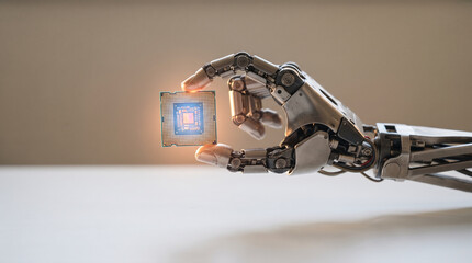 Fototapeta premium Robotic hand holding illuminated computer processor chip with intricate details