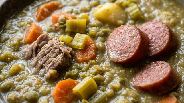 Hearty Split Pea Soup with Savory Sliced Sausage and Tender Slow Cooked Pork Chunks in a Rich Vegetable Broth