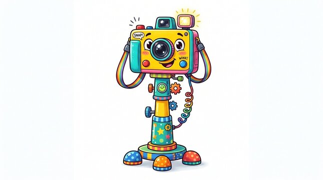 Cute cartoon camera character with a friendly face, rainbow strap, and colorful polka dot stand, isolated on white background