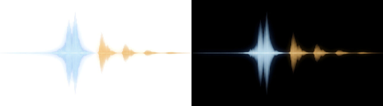 Waveform with blue and golden audio pulses for music design, PNG, Transparent and Black Background Versions