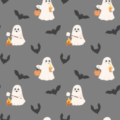 Fototapeta premium Cute seamless pattern for Halloween with ghosts and bats elements on a gray background, hand drawn.