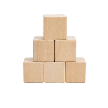 Six light brown wooden toy blocks are stacked neatly in a pyramid shape on a clean white background